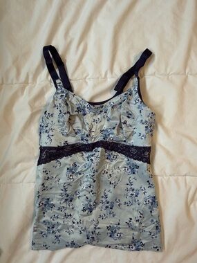 Ruby Ribbon Light Blue Floral Lace-Trim Camisole with Navy Accents